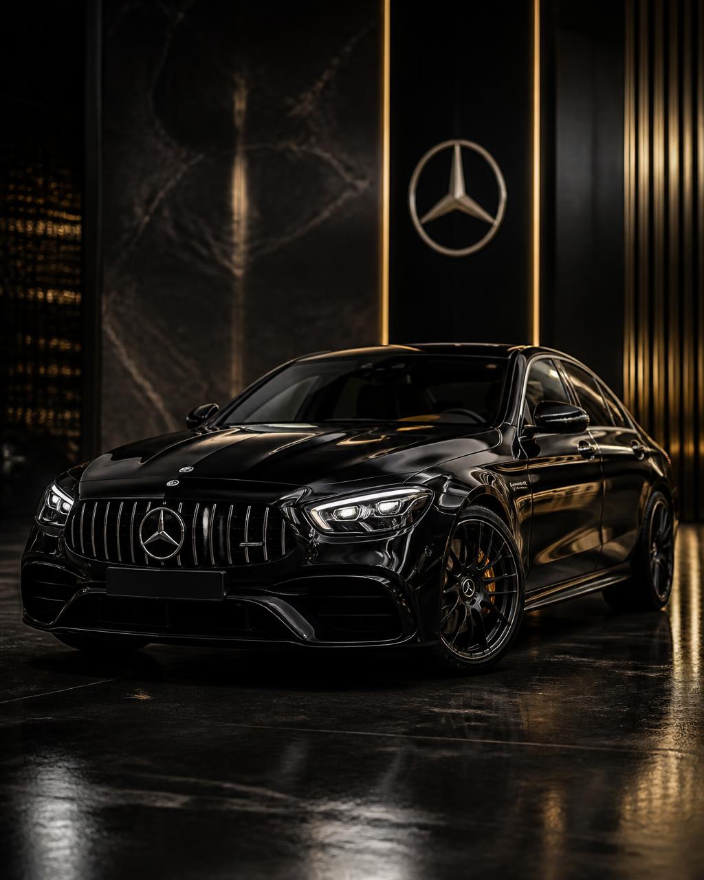 Μαύρο Mercedes-Benz sedan σε premium dark studio με χρυσό φωτισμό